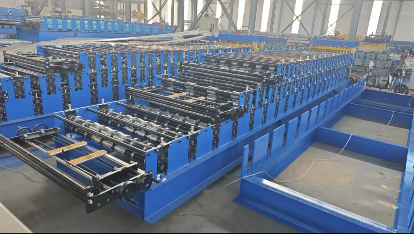 Full length view of the three layer roof and wall sheet roll forming line